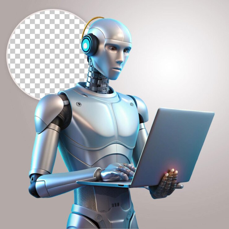 PSD robot avanzado usando una computadora portátil sobre un fondo transparente