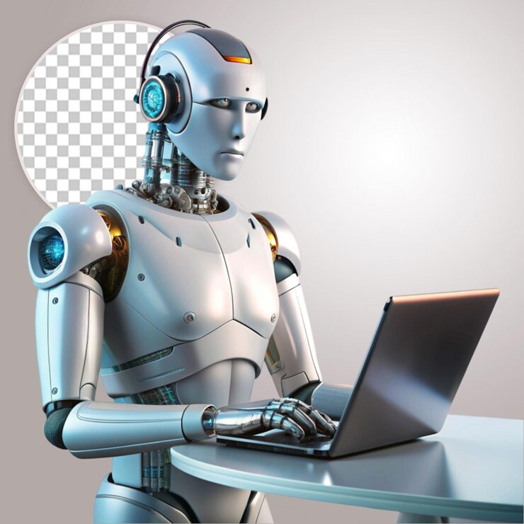 PSD robot avanzado usando una computadora portátil sobre un fondo transparente