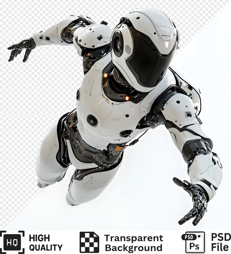 PSD robot blanco futurista en postura de vuelo con los brazos extendidos aislado sobre un fondo transparente