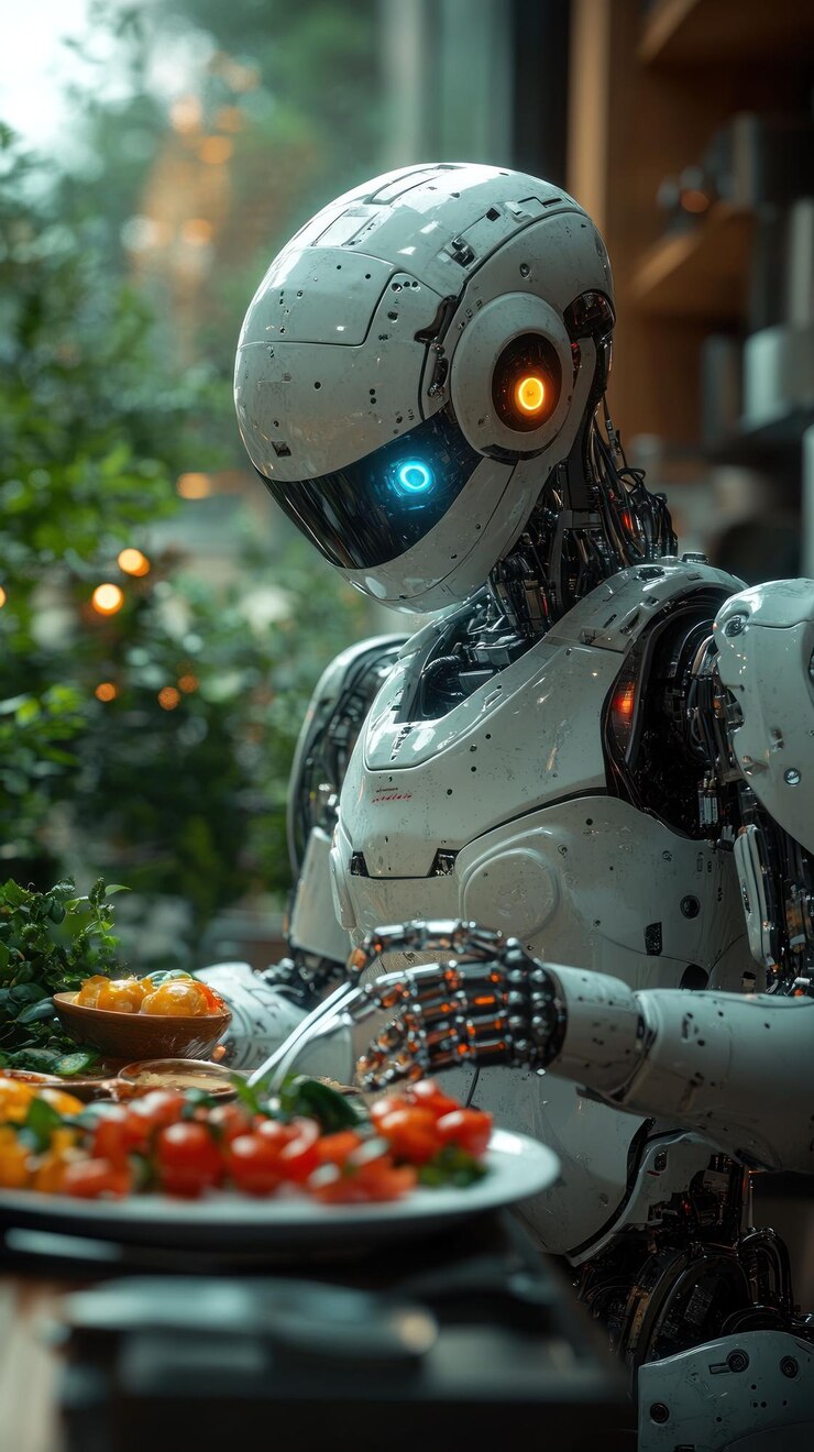PSD un robot blanco con ojos azules brillantes se sienta en una mesa comiendo tomates y pimientos