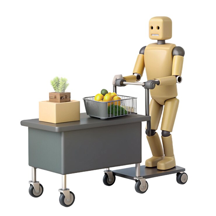 PSD un robot con una caja de limones en él y una caja de limones en el carro