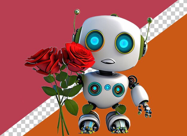 PSD robot con caja de regalo y flores