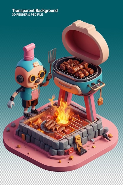 PSD un robot cocinando sobre un fuego con una olla de comida en ella