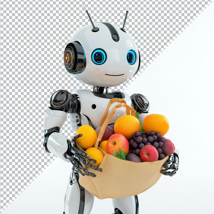 PSD el robot de compras de comestibles sostiene una bolsa llena de frutas en un entorno limpio y brillante robot de compras de compras de alimentos con bolsa de frutas sobre un fondo blanco