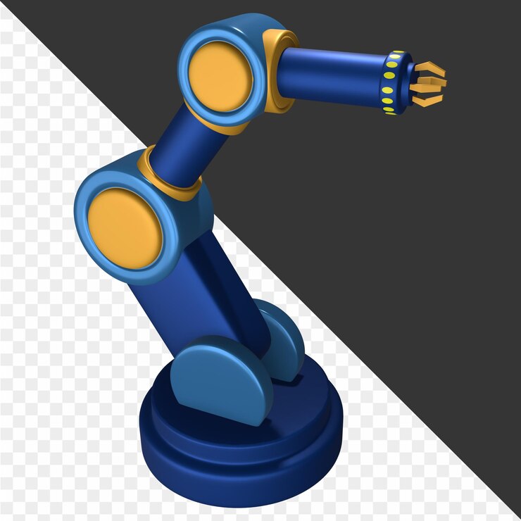 PSD un robot avec un corps bleu et des bras jaunes est assis sur un fond blanc