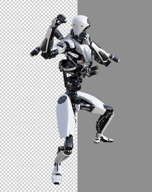 Robot cyberpunk con posa muay thai isolato rendering 3d