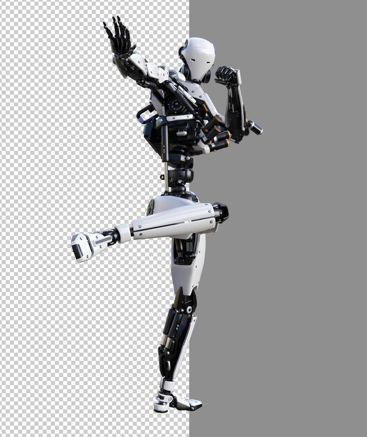 Robot cyberpunk con posa muay thai isolato rendering 3d