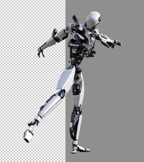 Robot cyberpunk con posa muay thai isolato rendering 3d