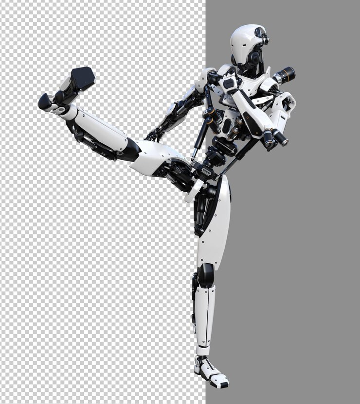 PSD robot cyberpunk con muay thai pose aislado 3d render