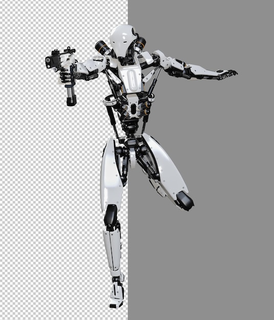 Robot cyberpunk tenant un pistolet rendu 3d isolé