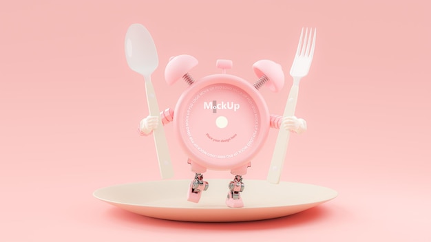 PSD robot despertador rosa sosteniendo una cuchara y un tenedor de pie en una placa de color crema