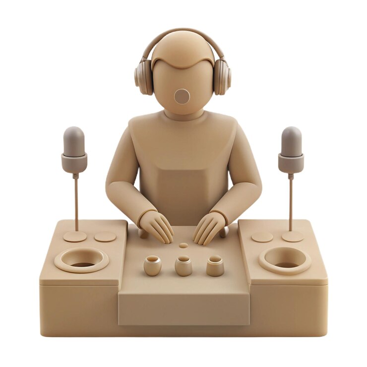 PSD un robot dorado con auriculares y un par de auriculares en la mesa