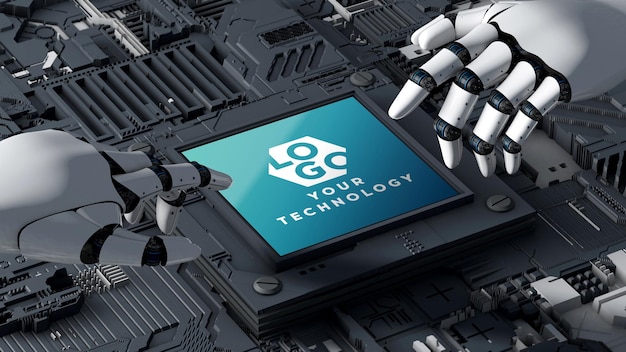 Robot e circuito stampato di tecnologia 3d logo mockup