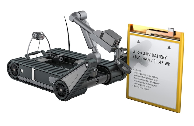 Robot de eliminación de bombas con renderización 3D de la batería del teléfono celular aislada sobre un fondo transparente
