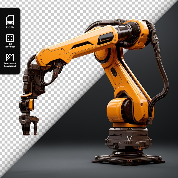 PSD robot de ensamblaje mecánico para la fabricación aislado sobre un fondo transparente