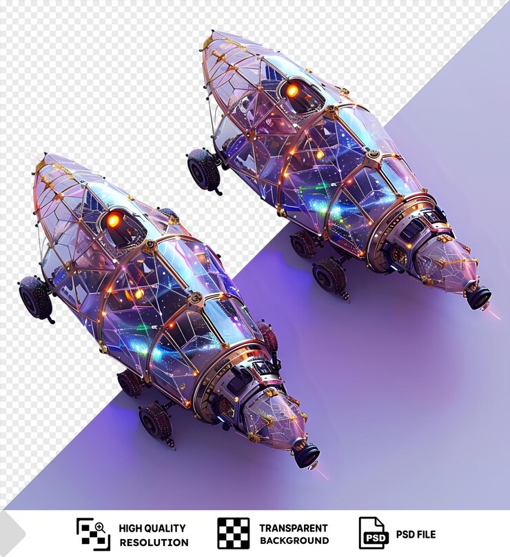 PSD robot espacial con diseño celestial transparente velas solares propulsores de iones y ruedas negras explora el cosmos