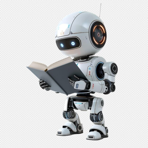 el robot está leyendo un libro sobre un fondo blanco