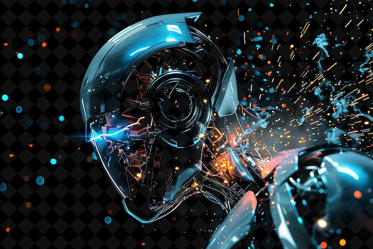 PSD robot explosion with metal parts sparks and wires metallic s png neon effect on dark background