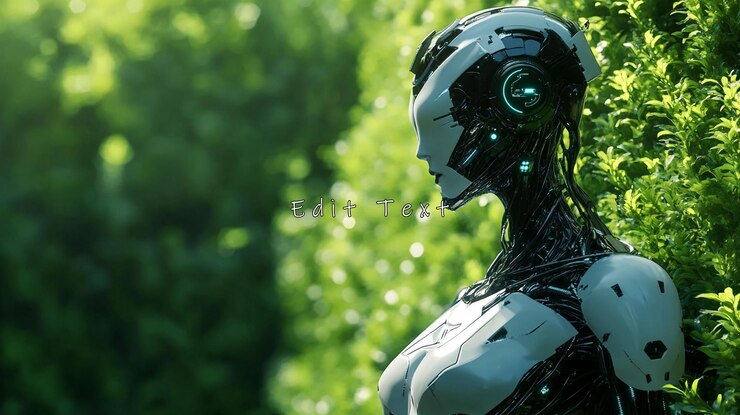PSD robot femenino futurista en la naturaleza serena