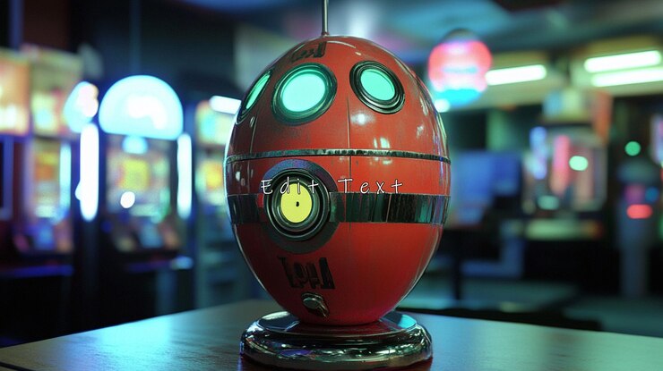 PSD robot en forma de huevo futurista en un entorno de arcade
