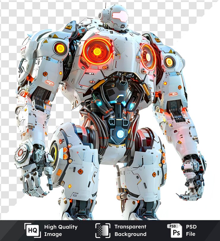 PSD el robot futurista se alza con una imagen transparente de su intrincado mecanismo interno