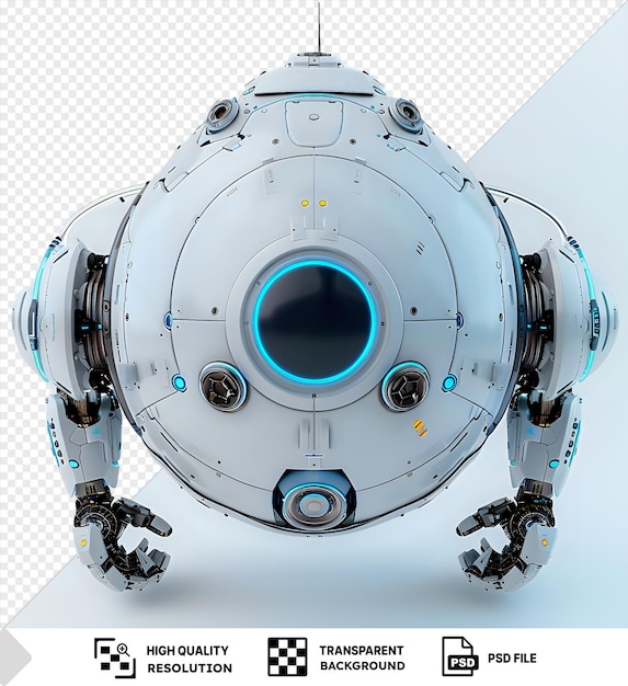 Un robot futurista con brazos y un cuerpo redondo se encuentra en un fondo transparente aislado