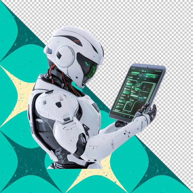 PSD robot futurista examinando datos en una tableta