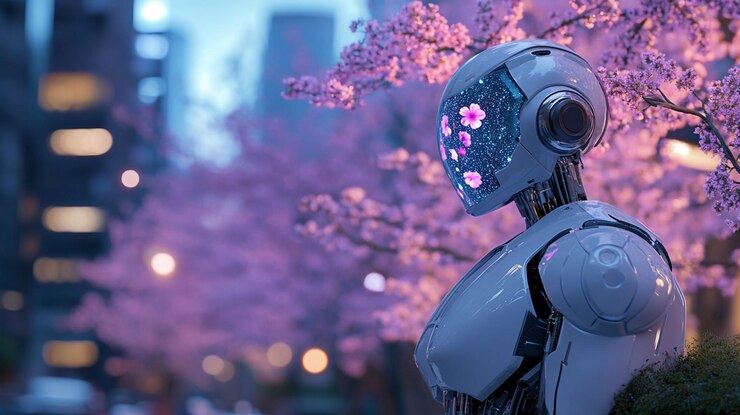 PSD robot futurista en medio de cerezas en flor en una ciudad por la noche