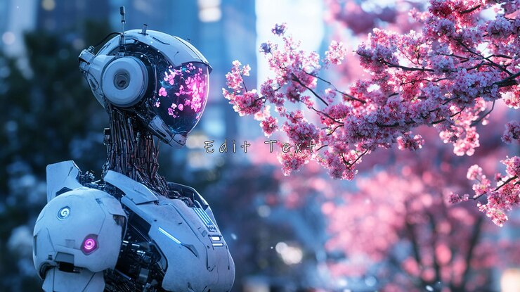 PSD robot futurista observando las flores de cerezo en una ciudad