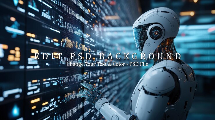 PSD robot futurista que interactúa con una interfaz digital