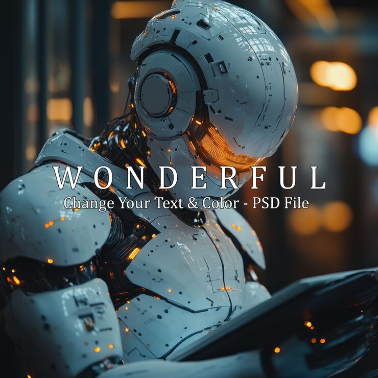 PSD un robot futurista con un traje blanco con luces brillantes mirando hacia abajo a algo en su mano