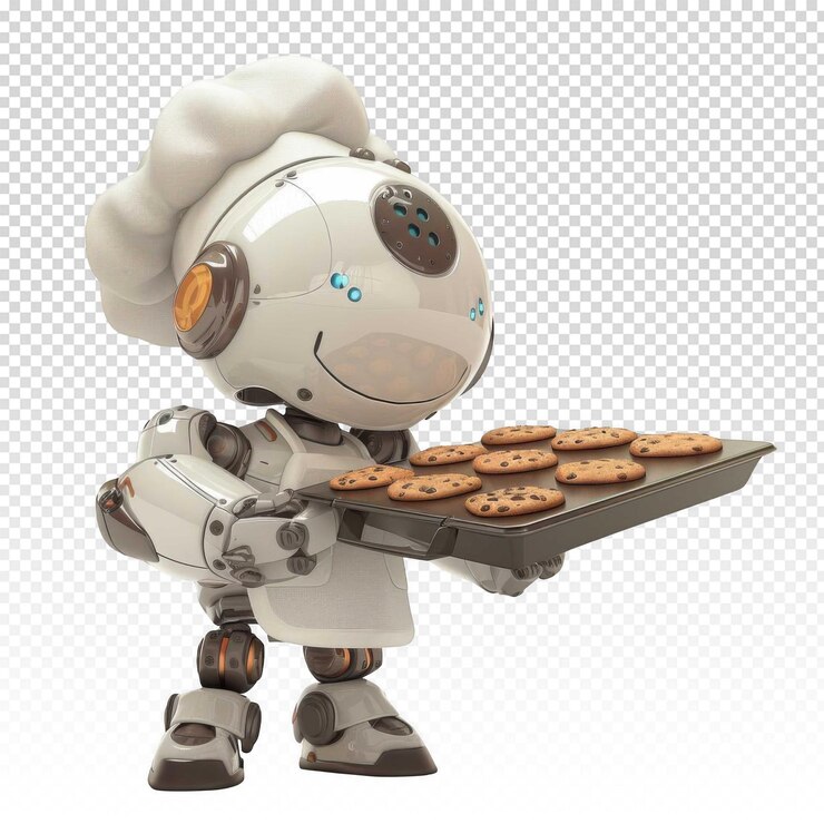 PSD robot holding tray with cookies isolated on transparent background