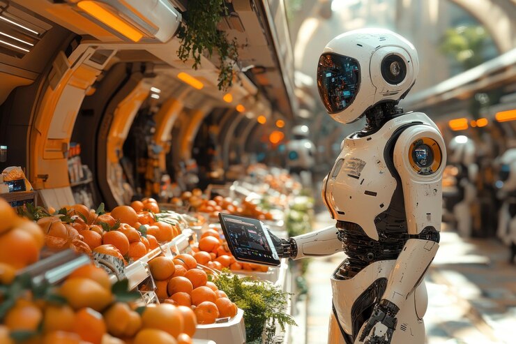 PSD un robot humanoide blanco está de pie en una tienda de comestibles futurista sosteniendo una tableta y mirando las naranjas frescas expuestas en un puesto