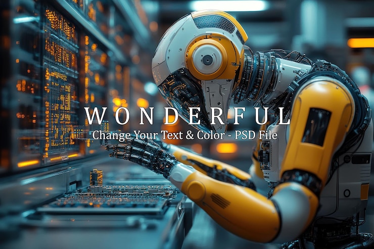 PSD un robot humanoide con un casco con luces naranjas brillantes está trabajando en una gran consola de computadora con múltiples pantallas que muestran datos