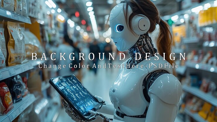 PSD un robot humanoide usando una tableta en un pasillo de una tienda de comestibles