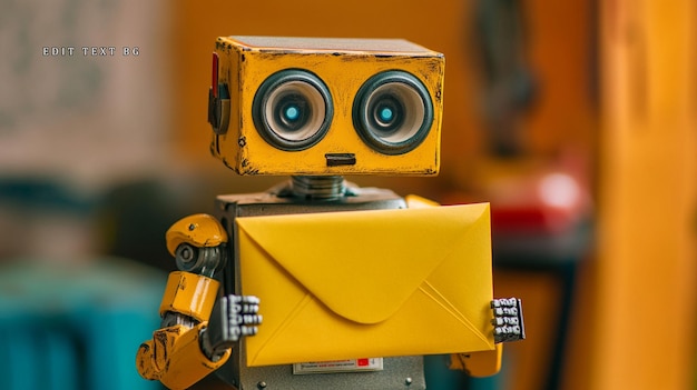 Un robot jaune rétro tenant une enveloppe jaune