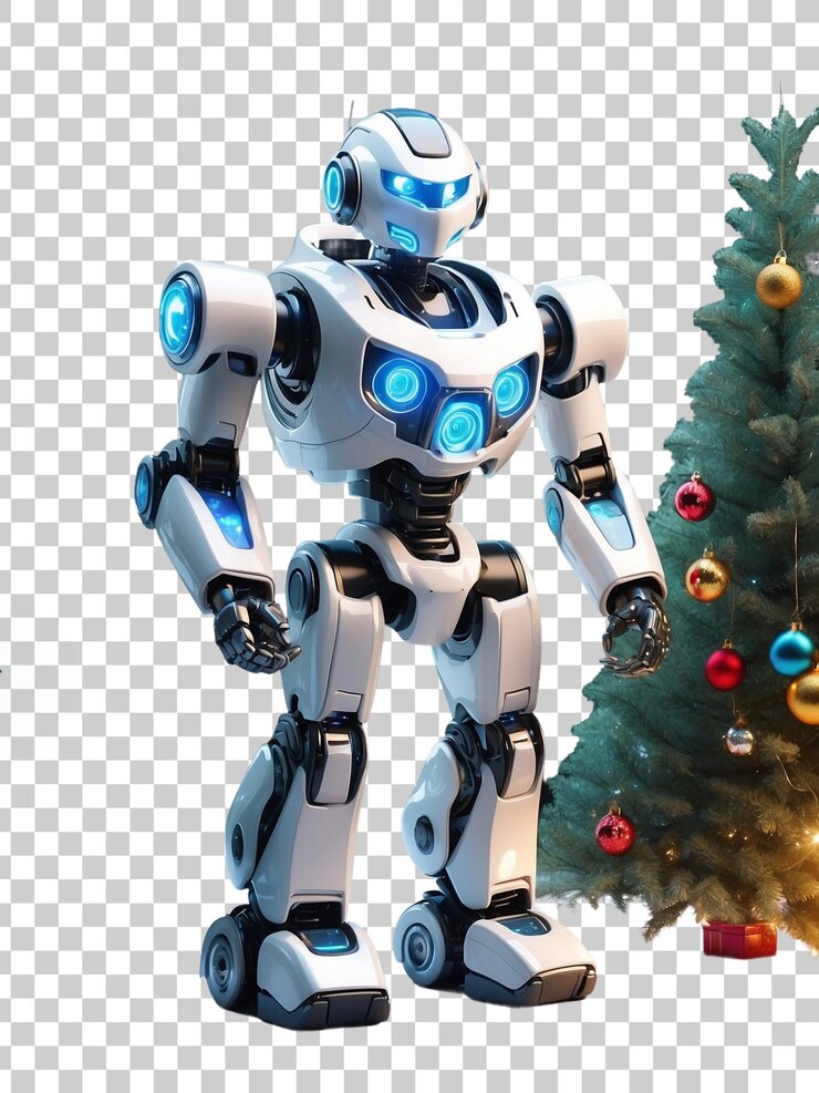 PSD robot de juguete futurista de pie en la cúspide de un nuevo año