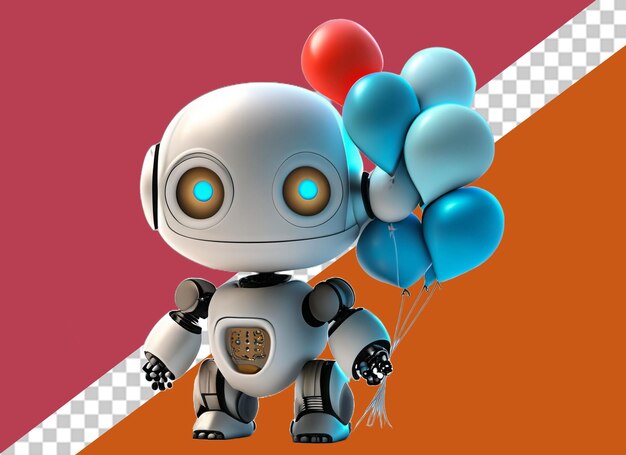 Un robot de juguete sosteniendo tres globos en la mano.