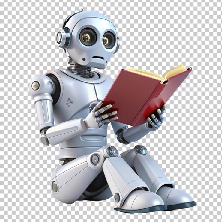 PSD robot leyendo un libro de ciencia ficción día en fondo transparente