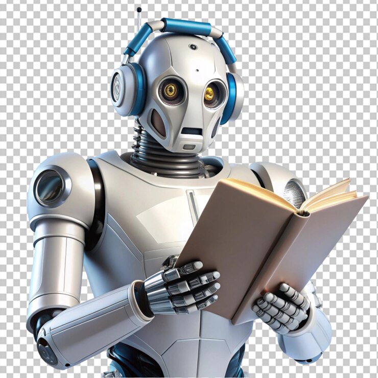 PSD robot leyendo un libro de ciencia ficción día en fondo transparente