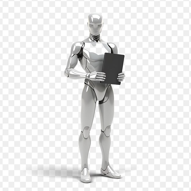 PSD un robot con un libro en el pecho y un fondo blanco