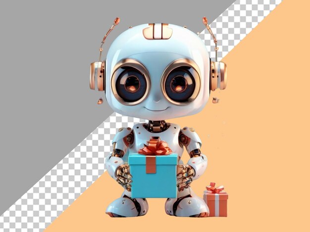 PSD un robot lindo en 3d con una caja de regalos