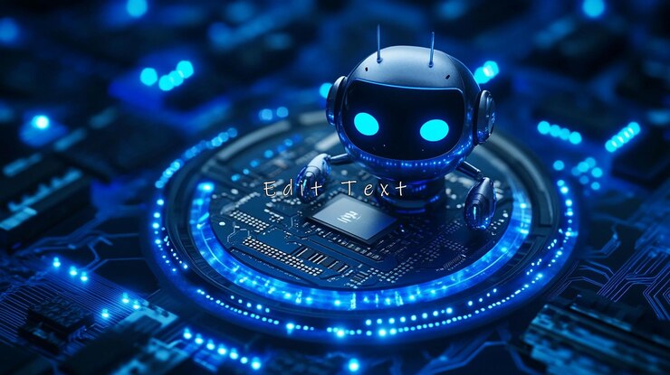 PSD un robot lindo en una placa de circuitos con luces azules brillantes