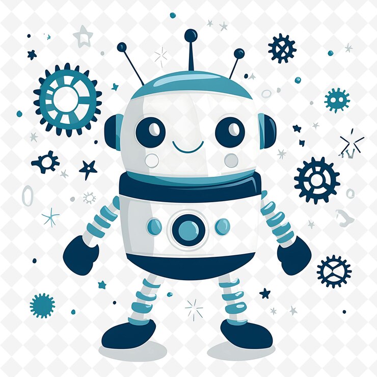 PSD robot lindo de png con formas de engranajes esparcidas alrededor ilustración futurista y plana carácter lindo