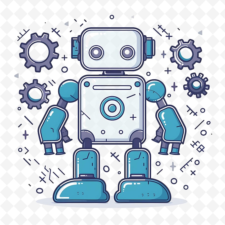PSD robot lindo de png con formas de engranajes esparcidas alrededor ilustración futurista y plana carácter lindo