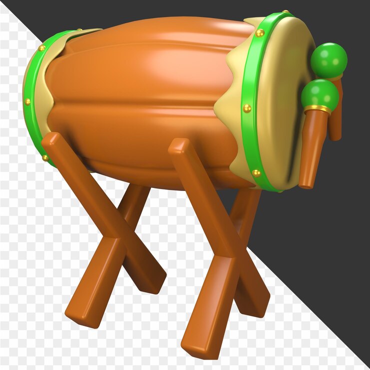 PSD un robot marrón con un botón verde en la espalda se sienta en un soporte de madera