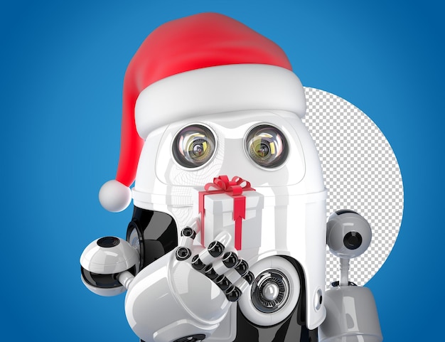 Robot mignon avec le chapeau du père Noël tenant la boîte-cadeau. Notion de technologie