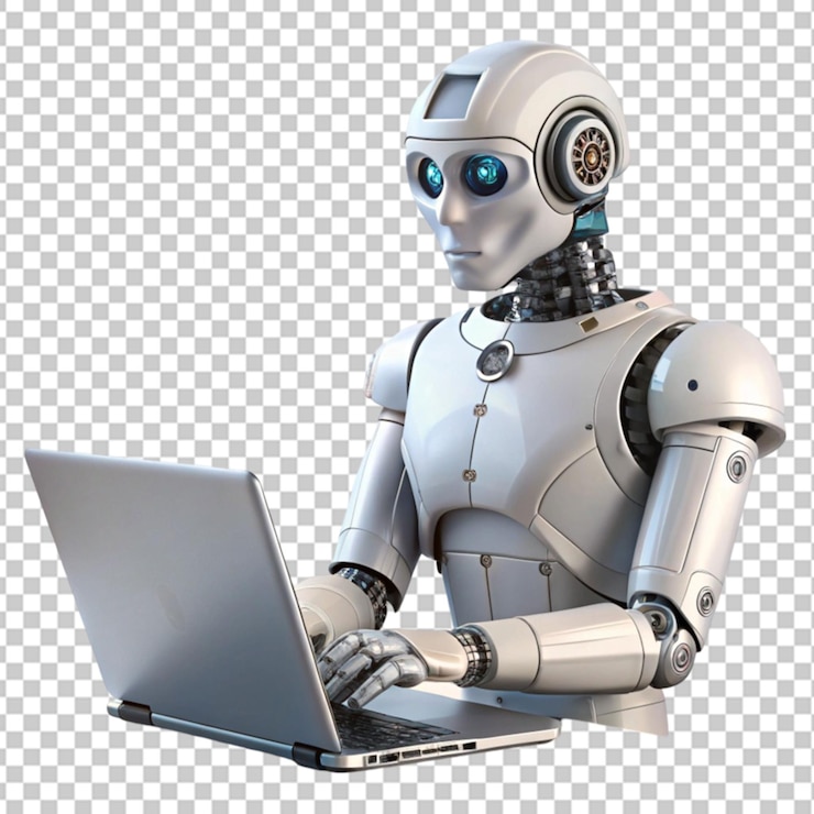 PSD robot moderno usando una computadora portátil en un fondo transparente