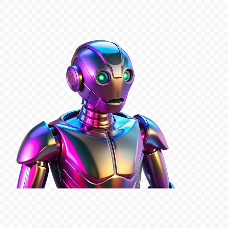 PSD un robot con ojos verdes y un fondo rosa y púrpura