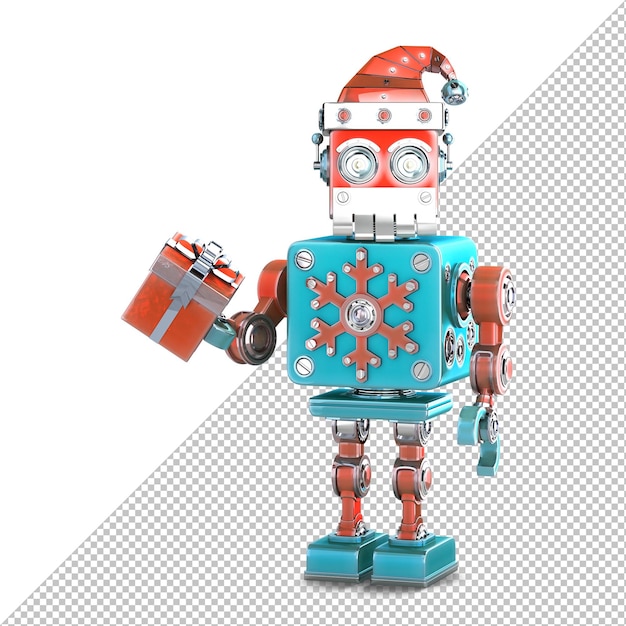 Robot Père Noël avec boîte-cadeau. Isolé